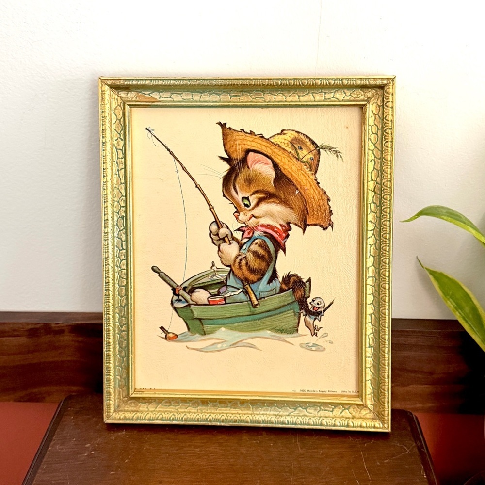 Vintage Koppy Kittens Lithograph Pete Hawley Cat Fishing 1965 Framed Art Print